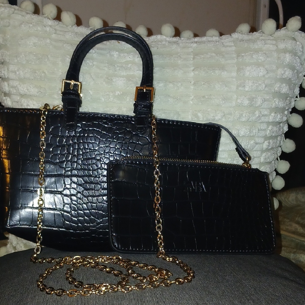 Black and Gold Croc-Embossed Satchel with Chain Strap